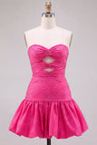 Vestido Curto de Regresso a Casa Curto de Cortes A-Line, Corte Fúcsia, com Folhos