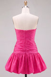 Vestido Curto de Regresso a Casa Curto de Cortes A-Line, Corte Fúcsia, com Folhos