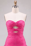 Vestido Curto de Regresso a Casa Curto de Cortes A-Line, Corte Fúcsia, com Folhos