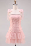Vestido Curto de Finalistas com Folhos em Tule Pérola Cor-de-Rosa em Linha em A, com Missangas