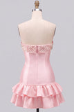Vestido curto de regresso a casa, sem alças em Pérola com alças, em camadas, com folhos e folhos
