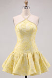 Vestido Curto de Regresso a Casa Jacquard Floral Amarelo Manteiga com Adornos em Pérolas