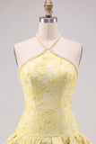 Vestido Curto de Regresso a Casa Jacquard Floral Amarelo Manteiga com Adornos em Pérolas