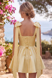 Vestido Mini de Finalistas Amarelo Amarelo A-Line em Cetim Pérola com alças de ombreiro em forma de gravata borboleta
