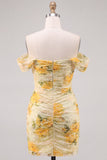 Vestido de Bodycoming Bodycon com Missangas e Daffodil Floral Ombro Descoberto