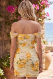 Vestido de Bodycoming Bodycon com Missangas e Daffodil Floral Ombro Descoberto