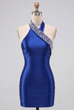 Azul Real Bodycon Pérolas, Pérolas com Strass, Vestido Curto de Regresso a Casa