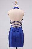 Azul Real Bodycon Pérolas, Pérolas com Strass, Vestido Curto de Regresso a Casa