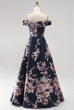 Vestido formal comprido em linha em A com estampado floral azul-marinho escuro