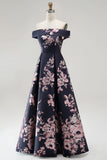 Vestido formal comprido em linha em A com estampado floral azul-marinho escuro