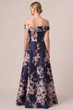 Vestido formal comprido em linha em A com estampado floral azul-marinho escuro