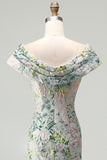 Vestido de mãe da noiva verde floral Jacquard com bainha longa e abertura