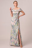 Vestido de mãe da noiva verde floral Jacquard com bainha longa e abertura
