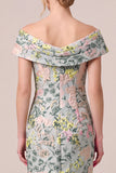 Vestido de mãe da noiva verde floral Jacquard com bainha longa e abertura
