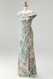 Vestido de mãe da noiva verde floral Jacquard com bainha longa e abertura