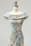 Vestido de mãe da noiva verde floral Jacquard com bainha longa e abertura