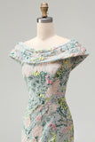 Vestido de mãe da noiva verde floral Jacquard com bainha longa e abertura
