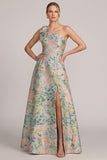 Vestido de mãe da noiva assimétrico verde assimétrico de um ombro floral jacquard em linha A