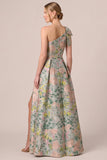 Vestido de mãe da noiva assimétrico verde assimétrico de um ombro floral jacquard em linha A