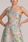 Vestido de mãe da noiva assimétrico verde assimétrico de um ombro floral jacquard em linha A