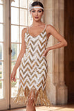 Vestido Curto Bodycon Branco Dourado de Lantejoulas Branco Brilhante de 1920 com franjas