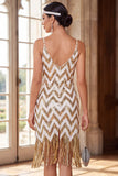Vestido Curto Bodycon Branco Dourado de Lantejoulas Branco Brilhante de 1920 com franjas