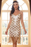 Vestido Curto Bodycon Branco Dourado de Lantejoulas Branco Brilhante de 1920 com franjas