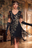 Vestido Midi dos anos 1920, preto preto brilhante de lantejoulas, decote em V, franjas e contas