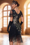 Vestido Midi dos anos 1920, preto preto brilhante de lantejoulas, decote em V, franjas e contas