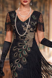 Vestido Midi dos anos 1920, preto preto brilhante de lantejoulas, decote em V, franjas e contas