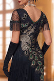 Vestido Midi dos anos 1920, preto preto brilhante de lantejoulas, decote em V, franjas e contas