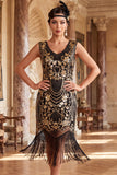 Vestido vintage de Lantejoulas Florais Pretas com franjas douradas do Grande Gatsby com bordas