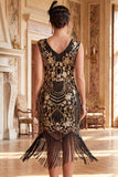 Vestido vintage de Lantejoulas Florais Pretas com franjas douradas do Grande Gatsby com bordas