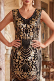 Vestido vintage de Lantejoulas Florais Pretas com franjas douradas do Grande Gatsby com bordas