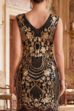 Vestido vintage de Lantejoulas Florais Pretas com franjas douradas do Grande Gatsby com bordas