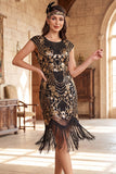 Vestido Flapper dos anos 1920 com mangas vintage vintage pretas com franjas, lantejoulas