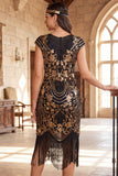 Vestido Flapper dos anos 1920 com mangas vintage vintage pretas com franjas, lantejoulas