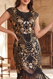 Vestido Flapper dos anos 1920 com mangas vintage vintage pretas com franjas, lantejoulas