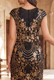 Vestido Flapper dos anos 1920 com mangas vintage vintage pretas com franjas, lantejoulas