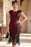 Vestido Flapper dos anos 1920 com mangas vintage vintage pretas com franjas, lantejoulas