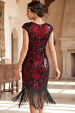 Vestido Flapper dos anos 1920 com mangas vintage vintage pretas com franjas, lantejoulas