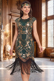Vestido Flapper dos anos 1920 com mangas vintage vintage pretas com franjas, lantejoulas