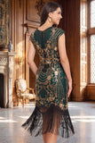 Vestido Flapper dos anos 1920 com mangas vintage vintage pretas com franjas, lantejoulas