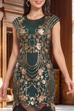 Vestido Flapper dos anos 1920 com mangas vintage vintage pretas com franjas, lantejoulas