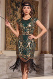 Vestido Flapper dos anos 1920 com mangas vintage vintage pretas com franjas, lantejoulas