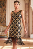 Lantejoulas pretas douradas Vestido Vintage Curto com Frings dos anos 1920