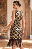 Lantejoulas pretas douradas Vestido Vintage Curto com Frings dos anos 1920