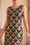 Lantejoulas pretas douradas Vestido Vintage Curto com Frings dos anos 1920