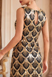 Lantejoulas pretas douradas Vestido Vintage Curto com Frings dos anos 1920