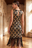Lantejoulas pretas douradas Vestido Vintage Curto com Frings dos anos 1920